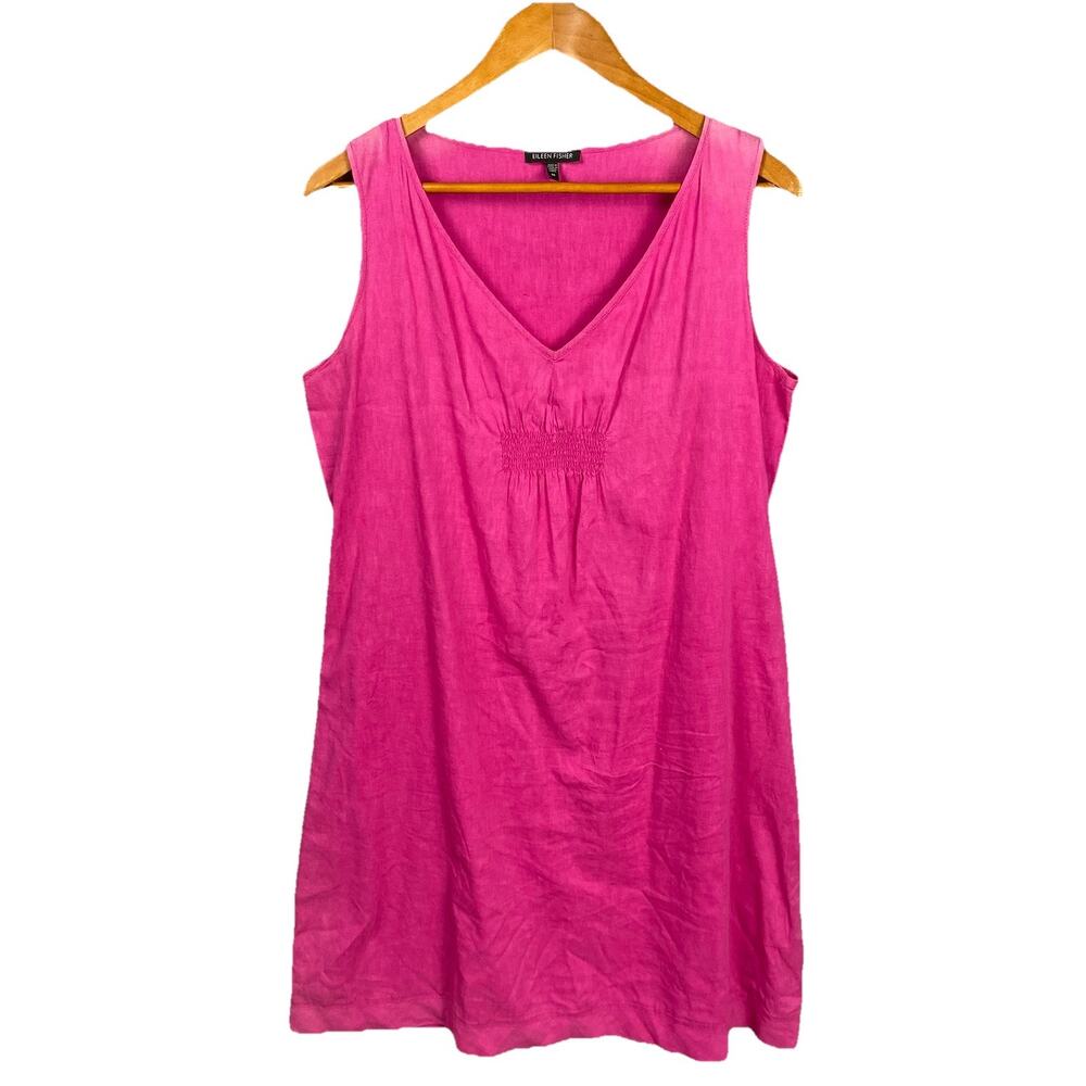 EILEEN FISHER Linen Blend Dress M Sleeveless Lagenlook Hot Pink‎ V Neck Feminine
